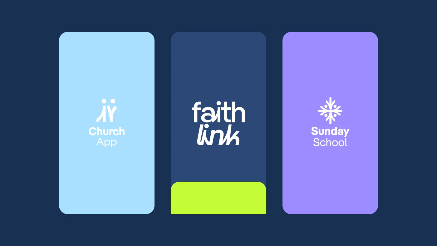 Faithlink brand family: the Church App in light sky blue, Faithlink in navy and lime, and Sunday School in lavender